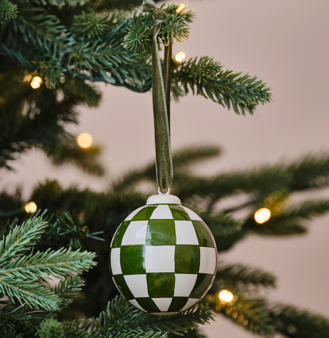 Green and White Checkerboard Hand Painted Christmas Bauble