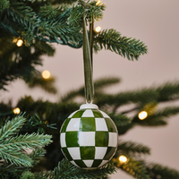 Green and White Checkerboard Hand Painted Christmas Bauble