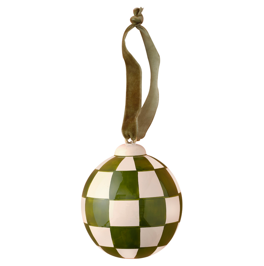 Green and White Checkerboard Hand Painted Christmas Bauble