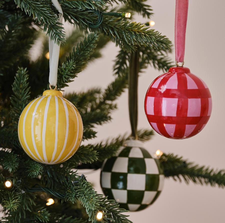 Green and White Checkerboard Hand Painted Christmas Bauble