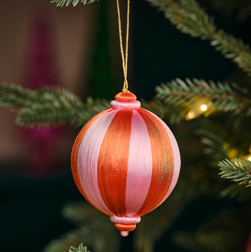 Pink and Orange Striped Satin Christmas Bauble