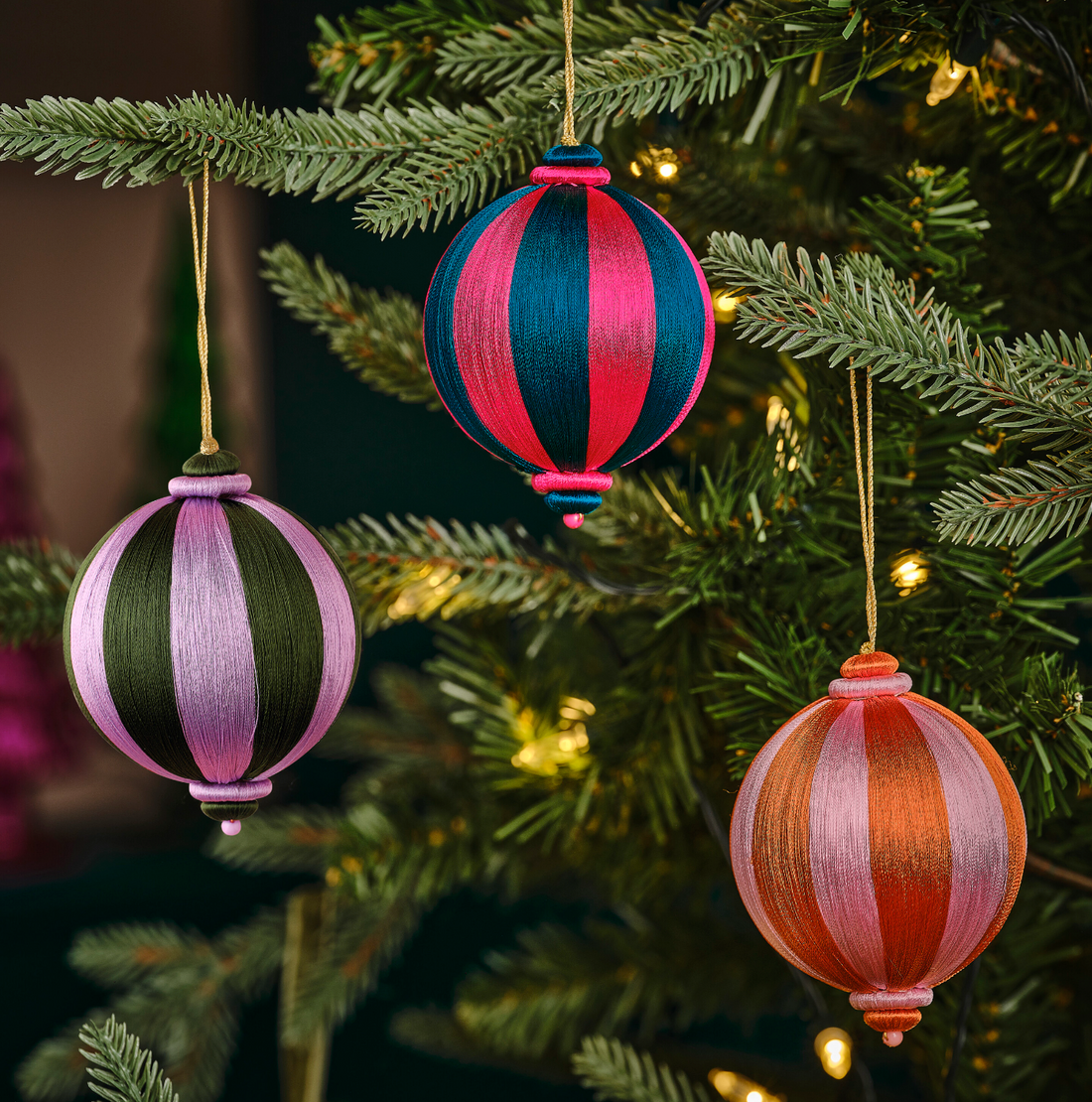 Pink and Orange Striped Satin Christmas Bauble