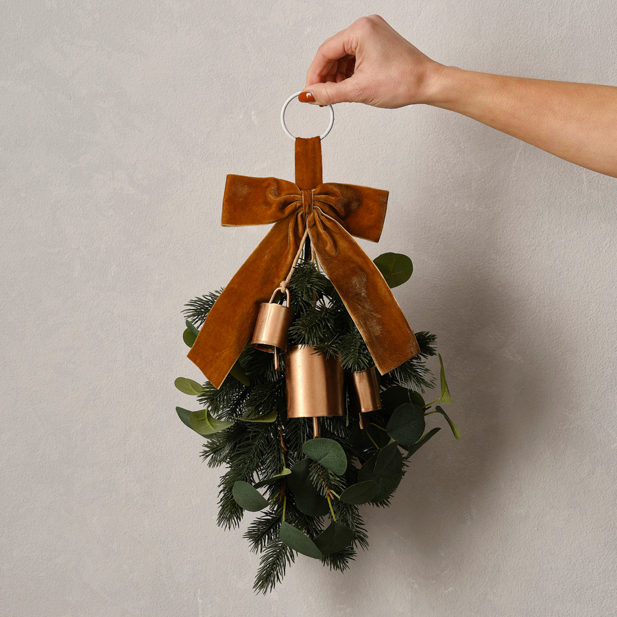 Foliage Christmas Door Swag with Velvet Ribbon & Bells