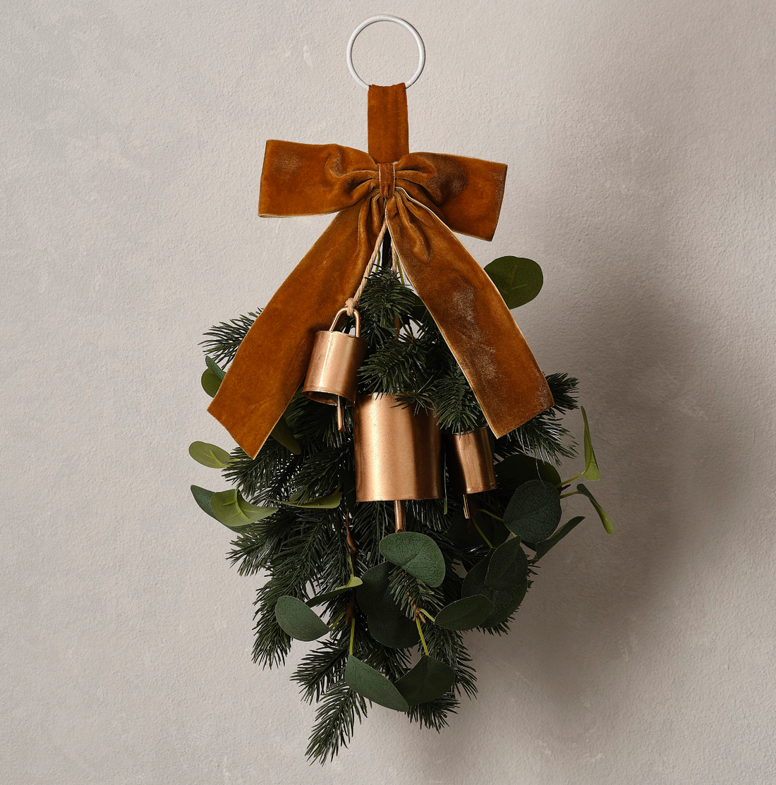 Foliage Christmas Door Swag with Velvet Ribbon & Bells