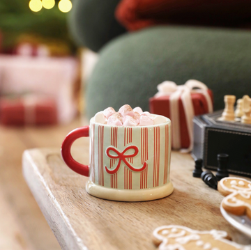 Ceramic Holly Stripe and Bow Christmas Mug