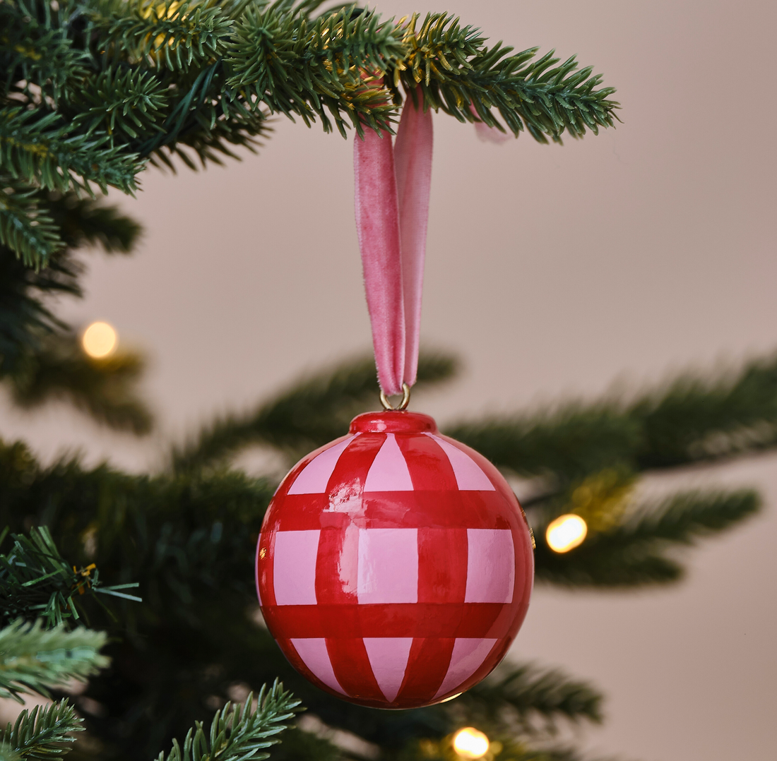 Pink and Red Gingham Hand Painted Christmas Bauble