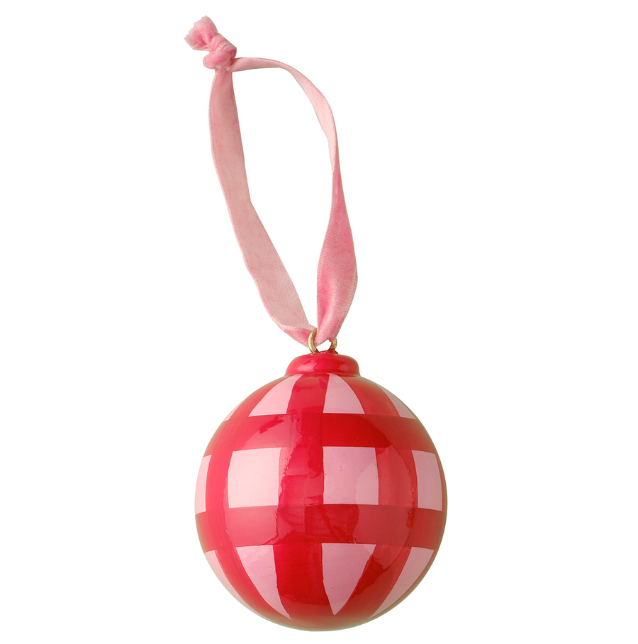 Pink and Red Gingham Hand Painted Christmas Bauble