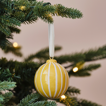 Yellow and White Striped Hand Painted Christmas Bauble