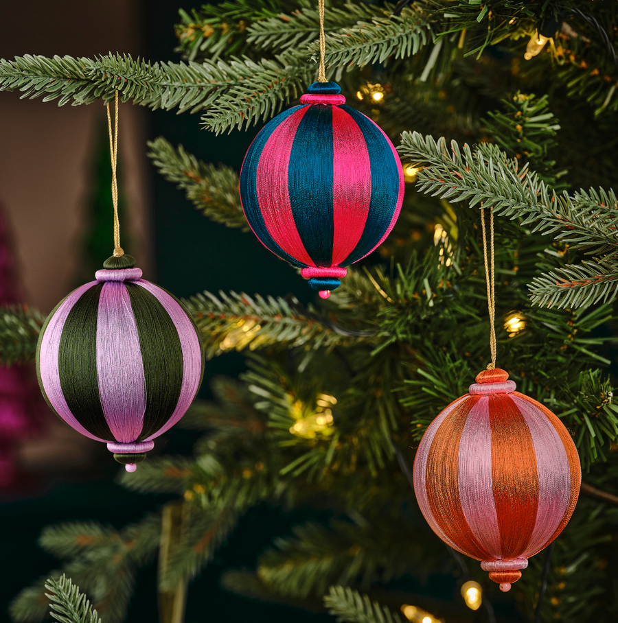 Green and Purple Striped Satin Christmas Bauble