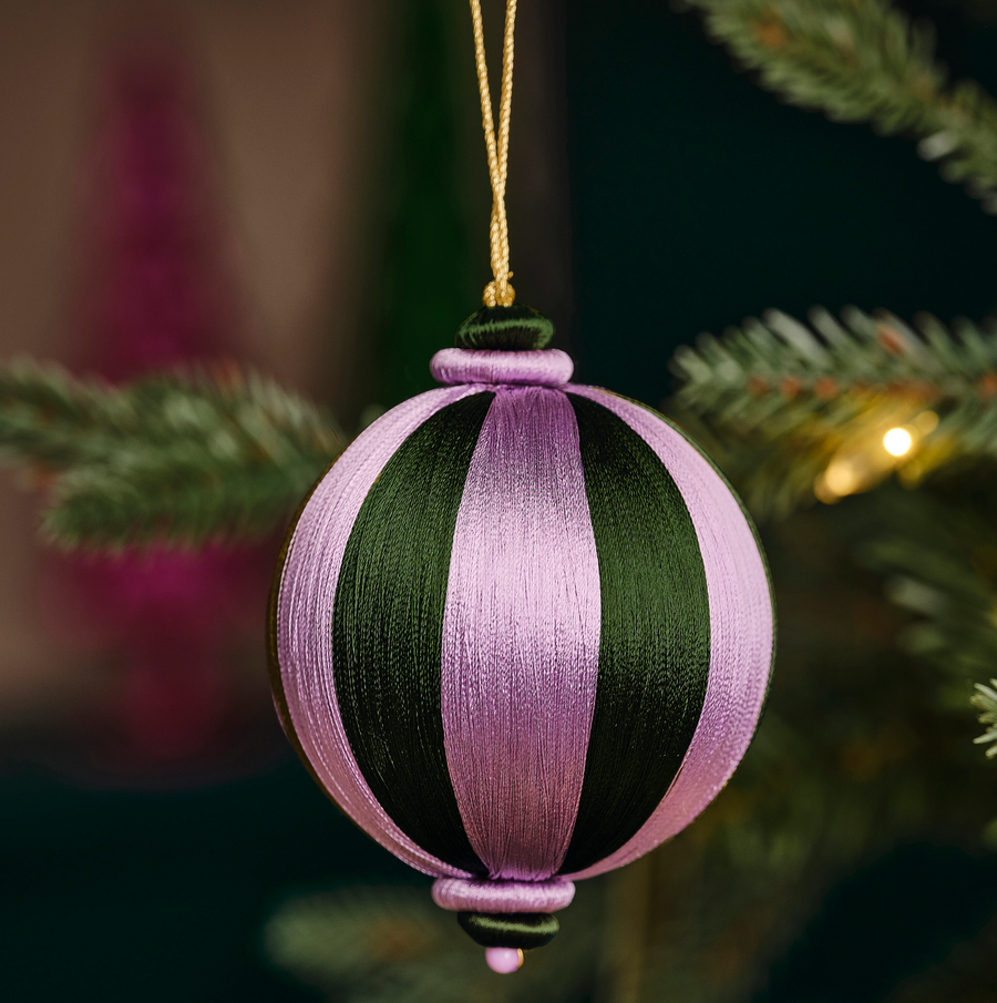 Green and Purple Striped Satin Christmas Bauble