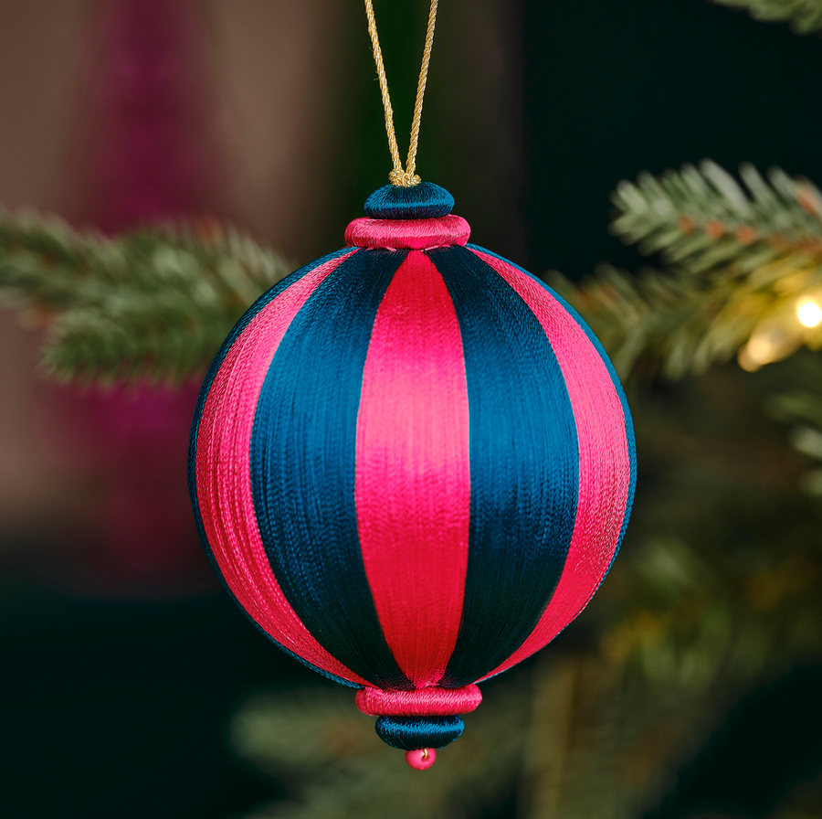 Pink and Turquoise Striped Satin Christmas Bauble