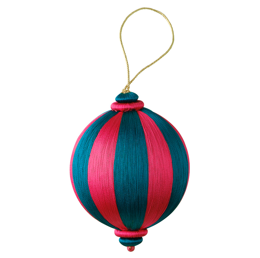 Pink and Turquoise Striped Satin Christmas Bauble